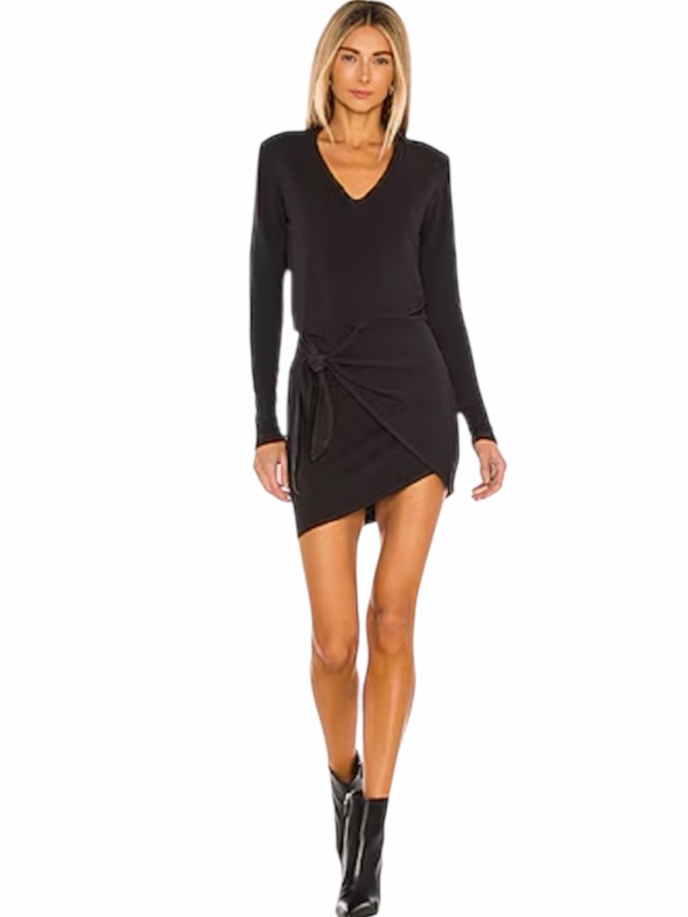 REVOLVE Monrow Women Large Black Long-Sleeve Wrap Asymmetrical Mini Dress NWT